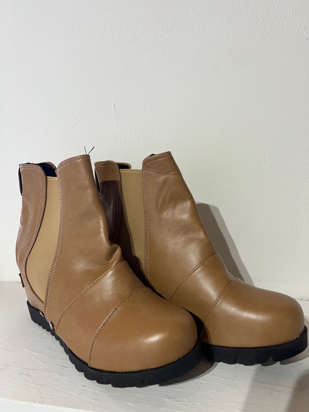 New-  Tan Chelsea Booties with Elastic Side Panels. NWOT
